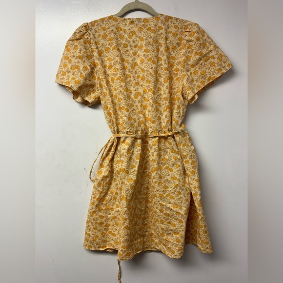 Madewell Fiore Floral Cotton Wrap Dress Short Sleeve Yellow Large Mini Boho - Picture 4 of 7